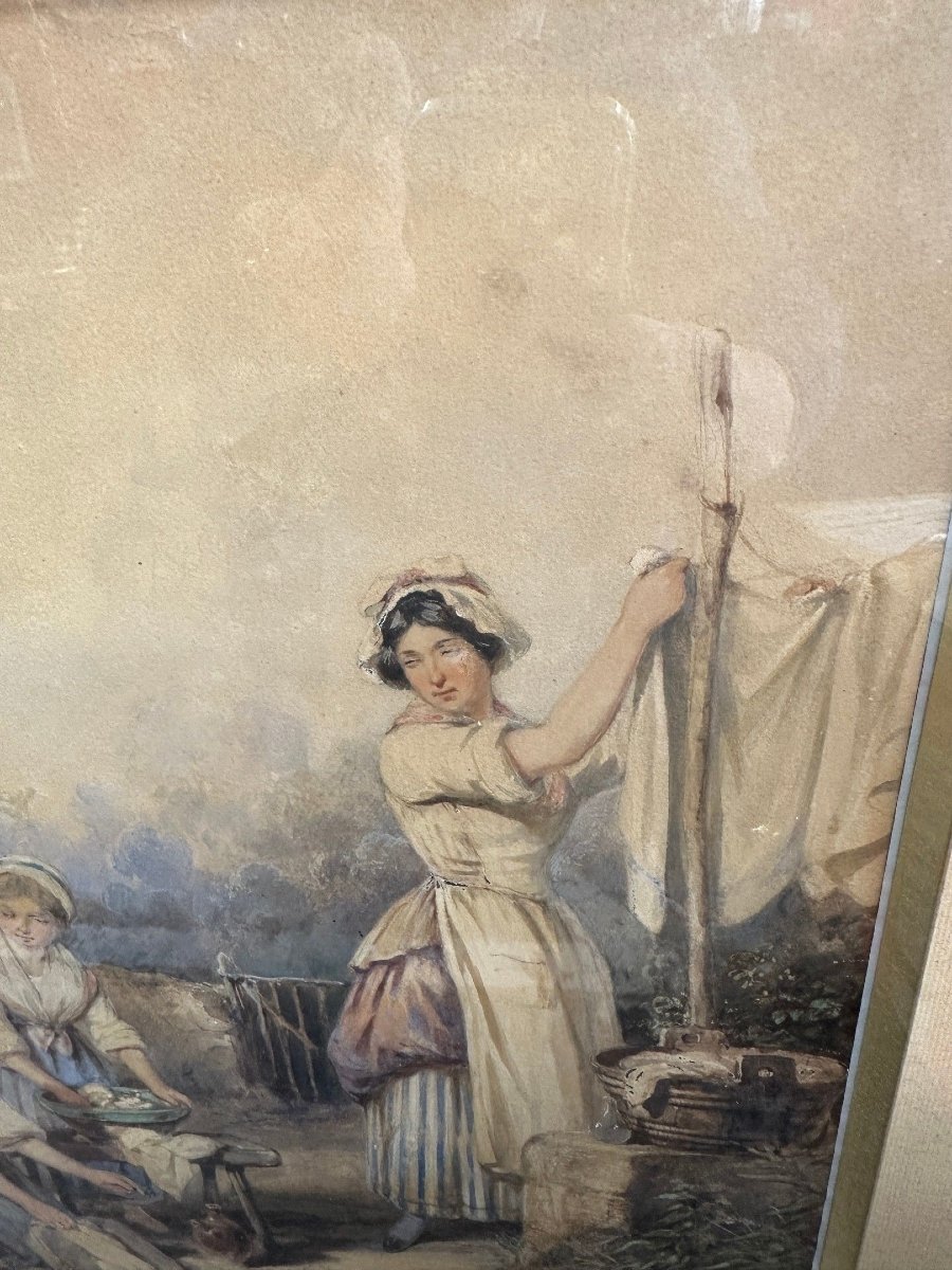 Aquarelle originale Auguste DELACROIX Les Lavandières 1809/1868-photo-1