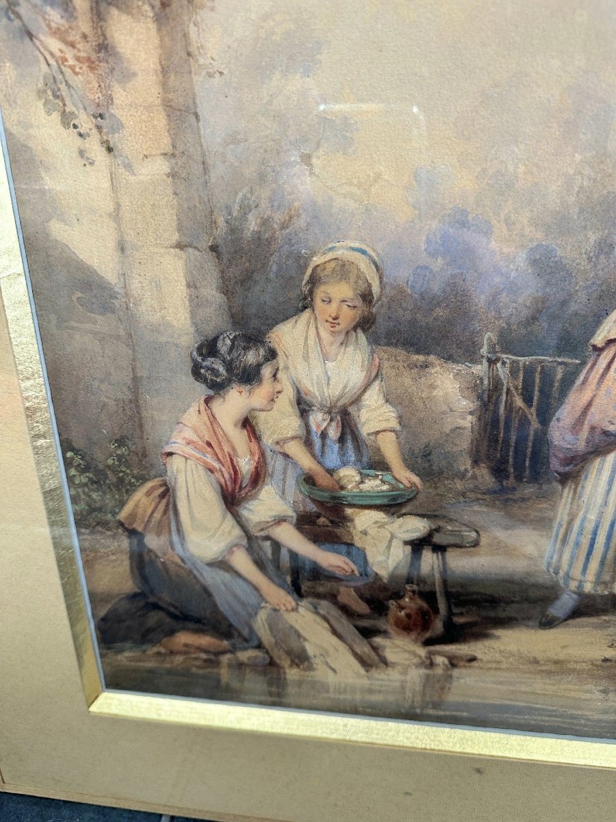 Aquarelle originale Auguste DELACROIX Les Lavandières 1809/1868-photo-2