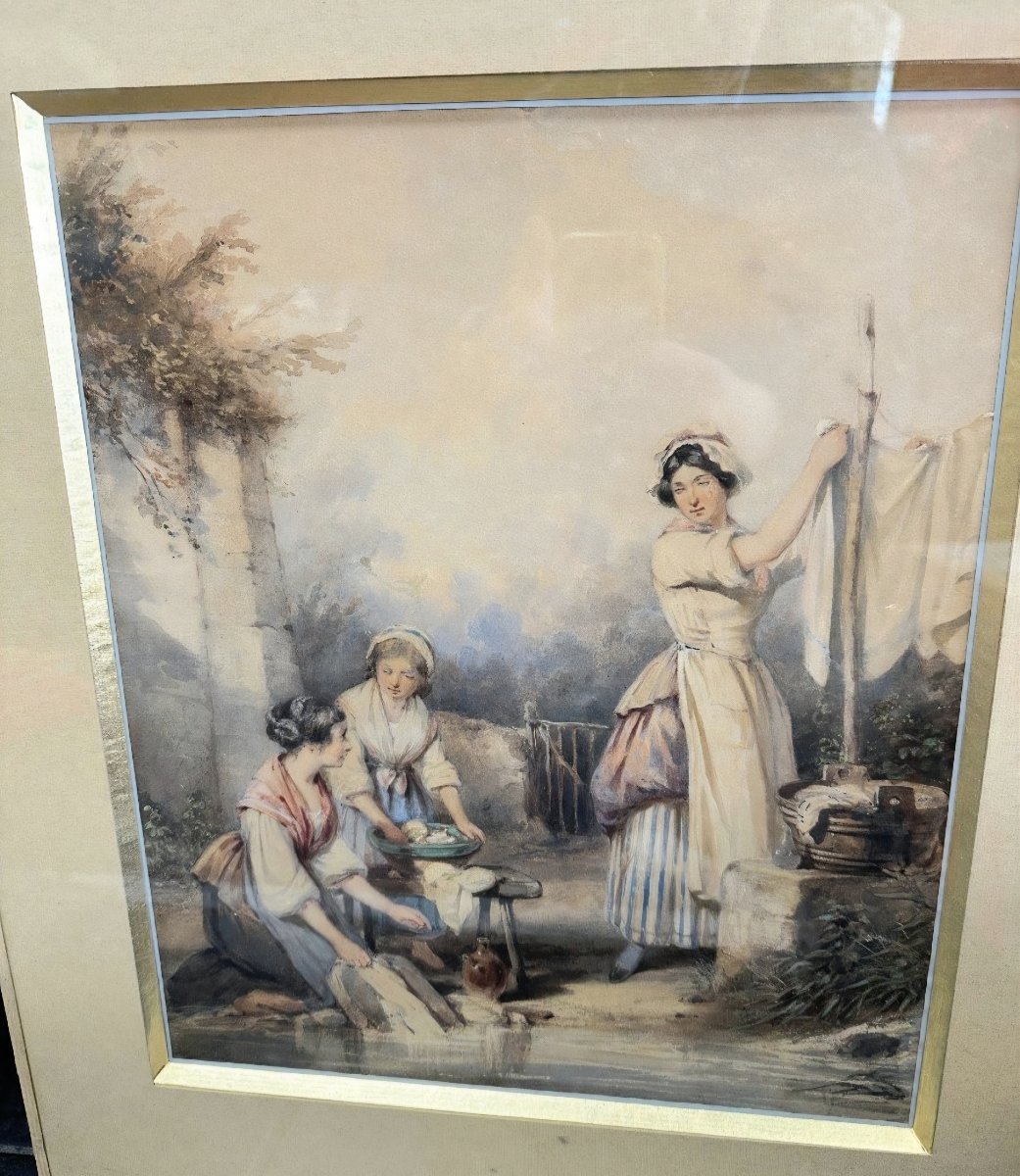 Aquarelle originale Auguste DELACROIX Les Lavandières 1809/1868-photo-3