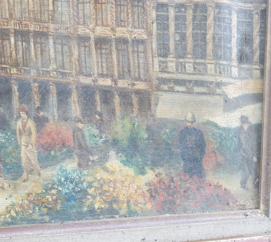  Tableau Ancien HST Marché aux Fleurs sur la Grand-Place de Bruxelles Signé STÉGLÉ École Belge-photo-3