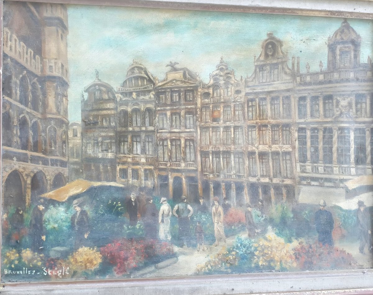  Tableau Ancien HST Marché aux Fleurs sur la Grand-Place de Bruxelles Signé STÉGLÉ École Belge-photo-4