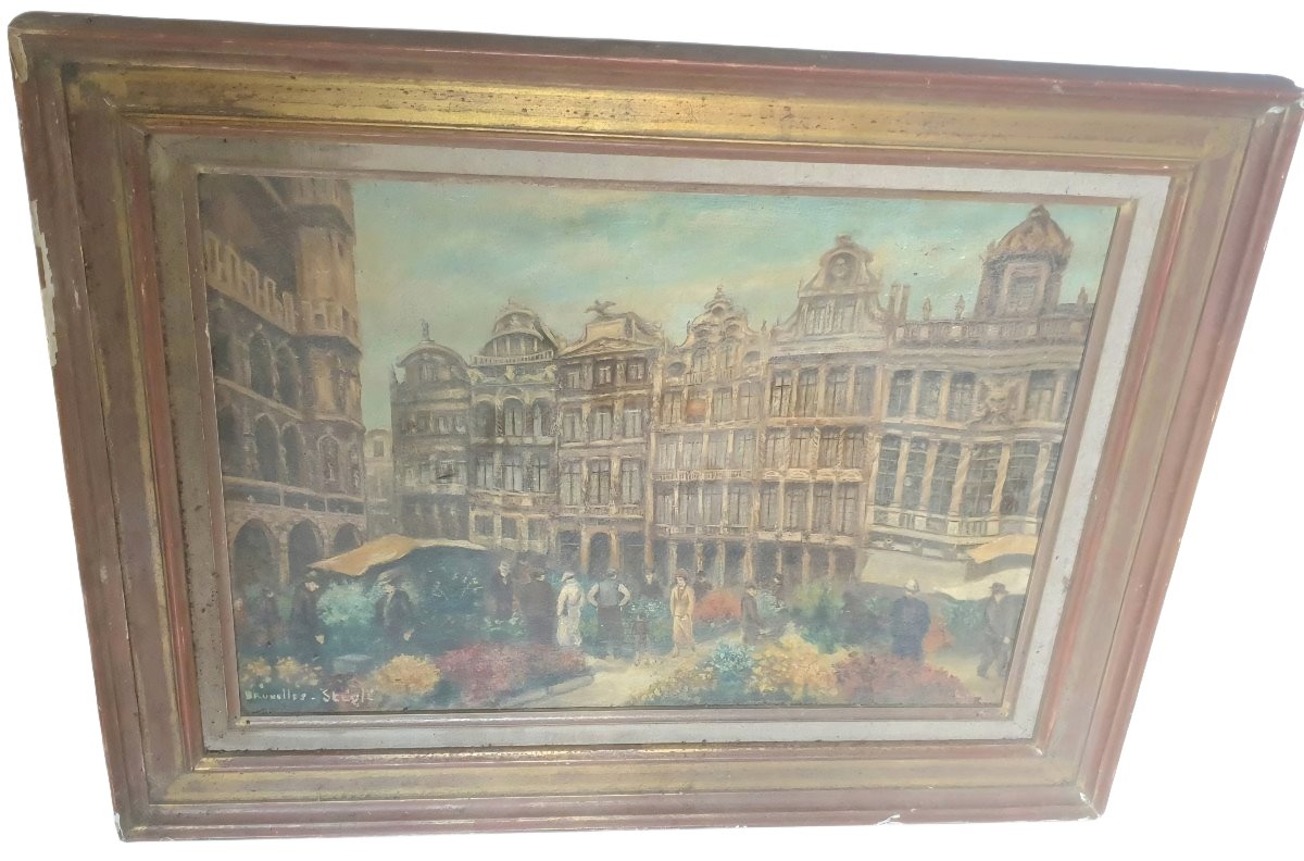  Tableau Ancien HST Marché aux Fleurs sur la Grand-Place de Bruxelles Signé STÉGLÉ École Belge