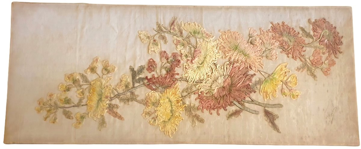 grand panneau décoratif textile d'époque Art Nouveau Circa 1900 de fabrication française.-photo-3