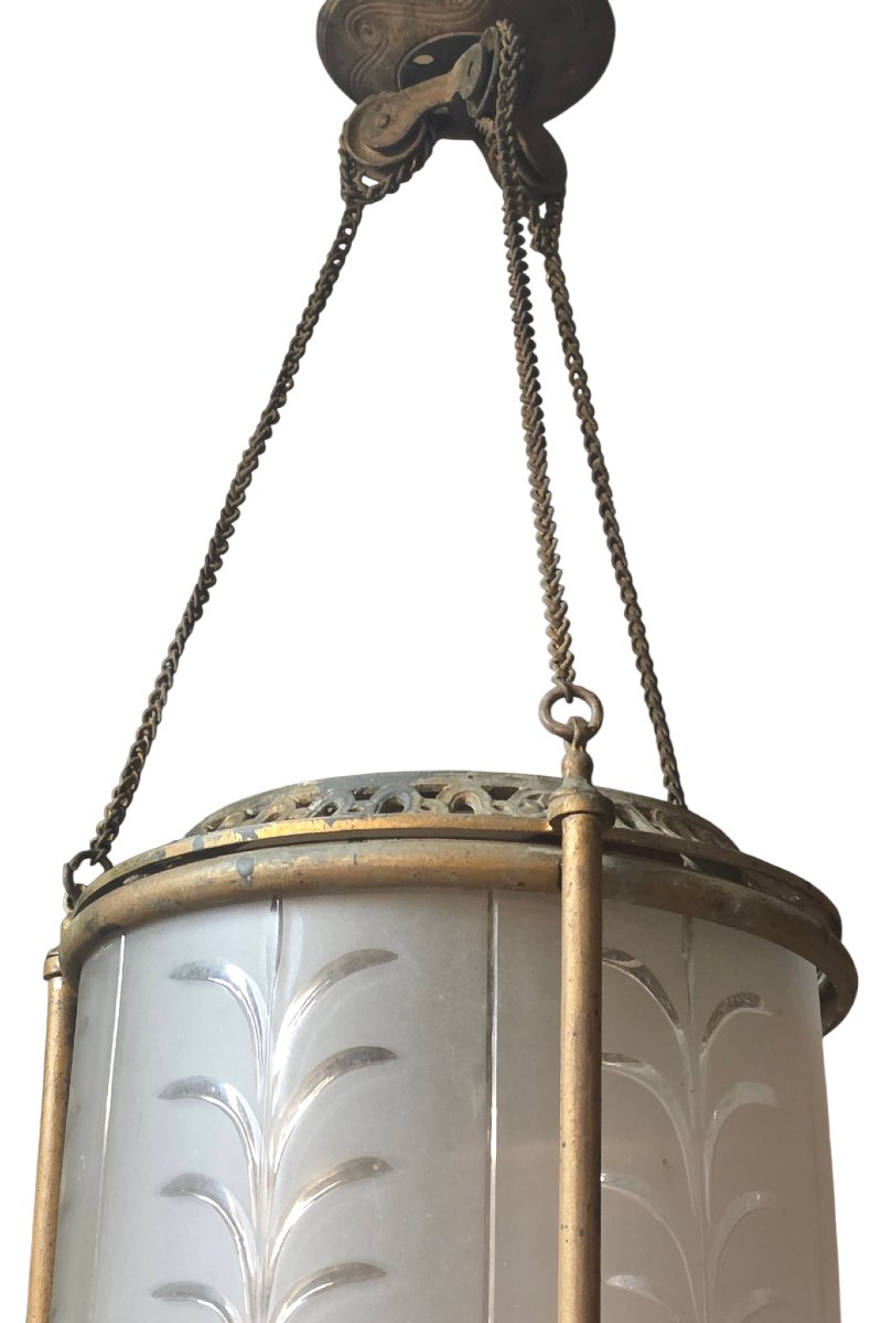 Lanterne de Hall XIXe Cristal Gravé Baccarat & Bronze dans son jus-photo-3