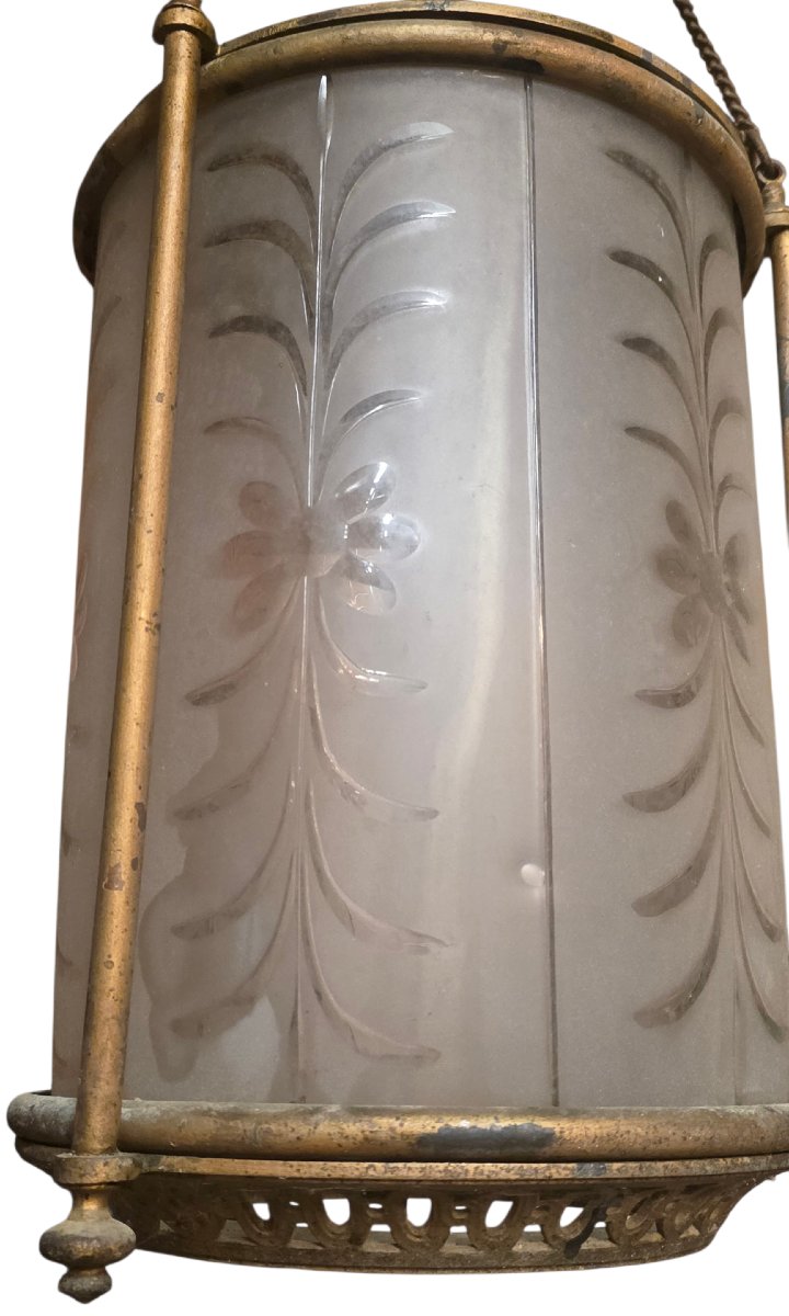 Lanterne de Hall XIXe Cristal Gravé Baccarat & Bronze dans son jus-photo-2