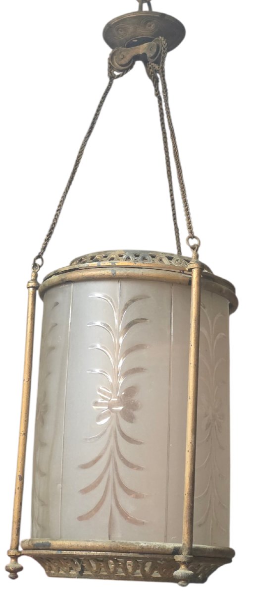 Lanterne de Hall XIXe Cristal Gravé Baccarat & Bronze dans son jus-photo-3