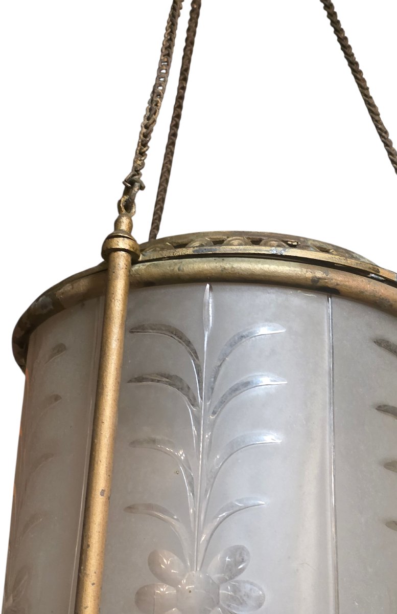 Lanterne de Hall XIXe Cristal Gravé Baccarat & Bronze dans son jus-photo-6