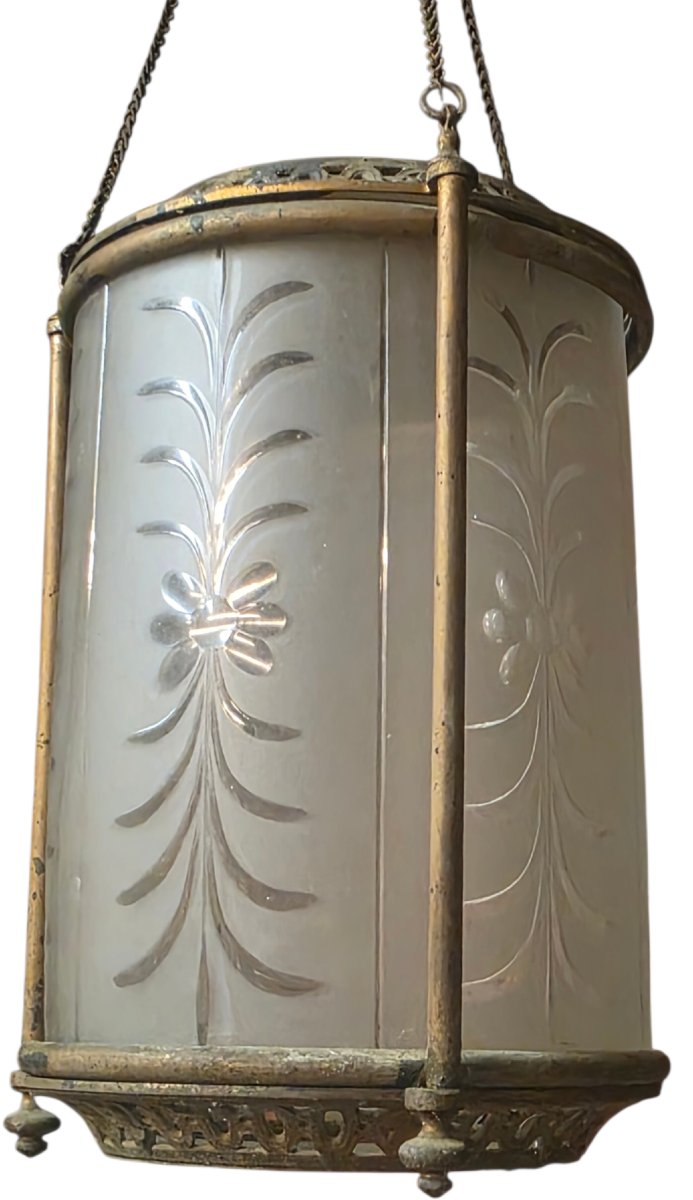 Lanterne de Hall XIXe Cristal Gravé Baccarat & Bronze dans son jus-photo-7