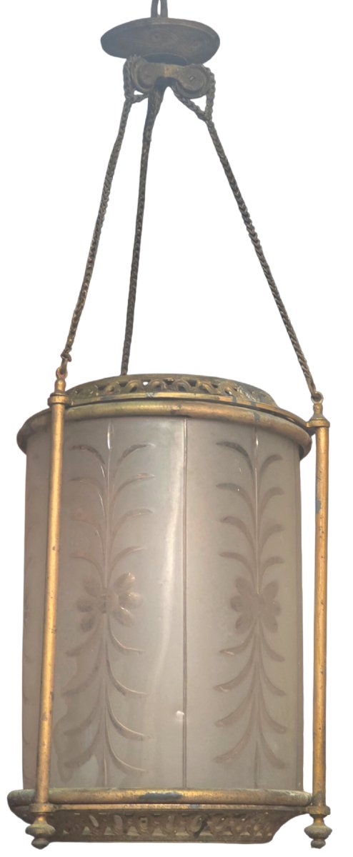 Lanterne de Hall XIXe Cristal Gravé Baccarat & Bronze dans son jus
