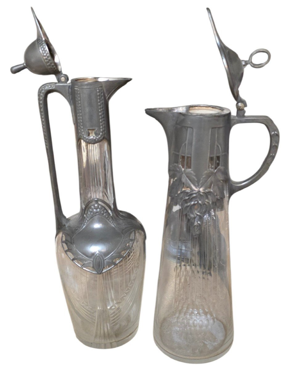 Paire d'Aiguières Art Nouveau en Cristal Gravé et Étain WMF Württembergische Metallwarenfabrik-photo-3