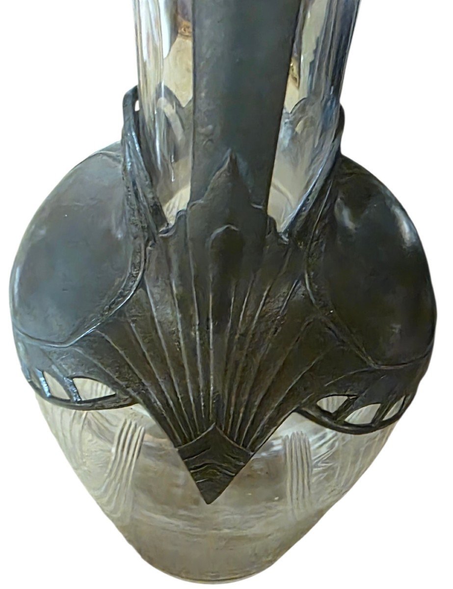 Paire d'Aiguières Art Nouveau en Cristal Gravé et Étain WMF Württembergische Metallwarenfabrik-photo-1
