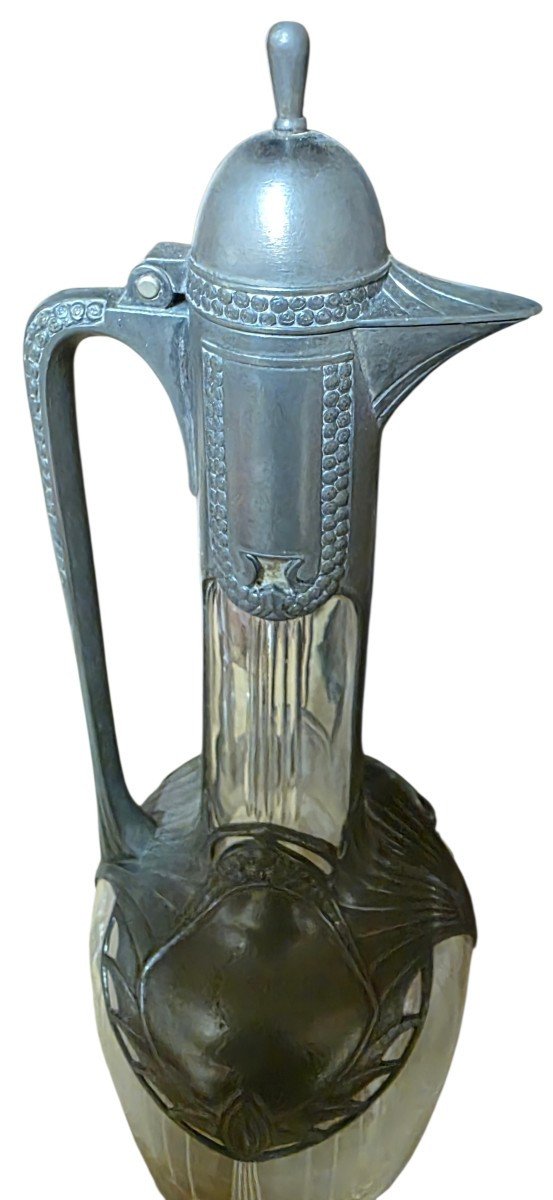 Paire d'Aiguières Art Nouveau en Cristal Gravé et Étain WMF Württembergische Metallwarenfabrik-photo-3