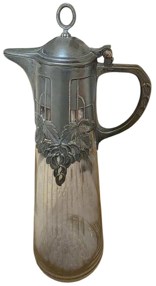 Paire d'Aiguières Art Nouveau en Cristal Gravé et Étain WMF Württembergische Metallwarenfabrik-photo-4