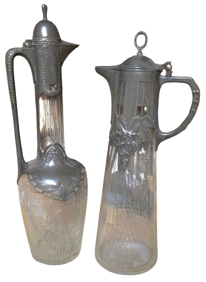 Paire d'Aiguières Art Nouveau en Cristal Gravé et Étain WMF Württembergische Metallwarenfabrik