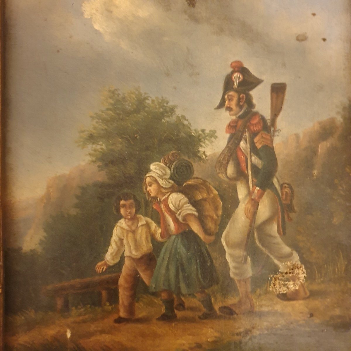 Tableau ancien XIXe siècle Scène de l'époque Napoléonienne Huile sur toile-photo-3