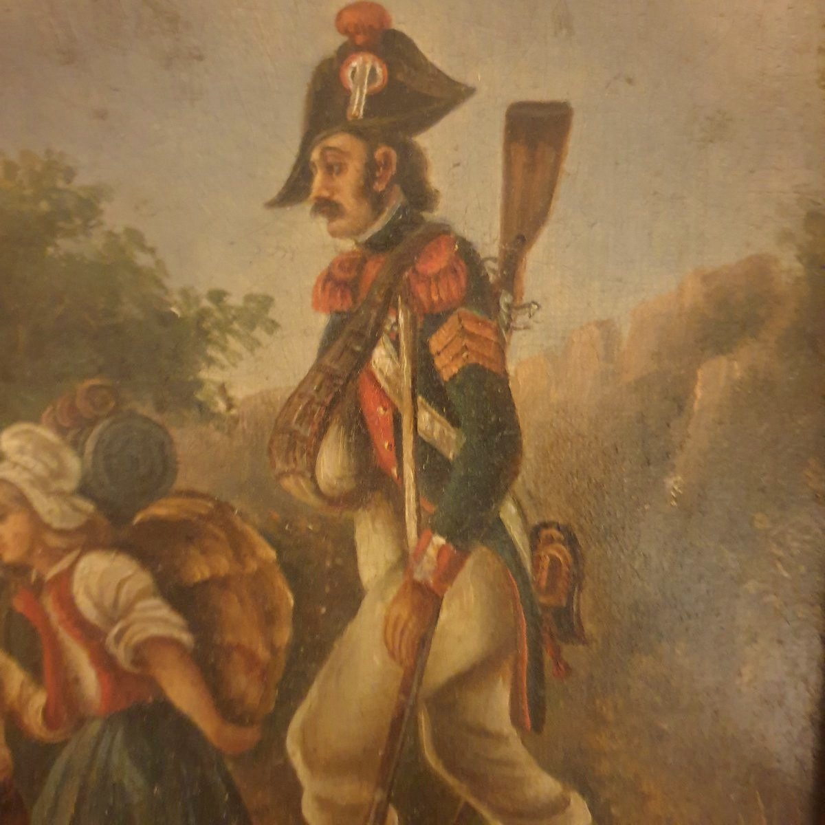 Tableau ancien XIXe siècle Scène de l'époque Napoléonienne Huile sur toile-photo-1