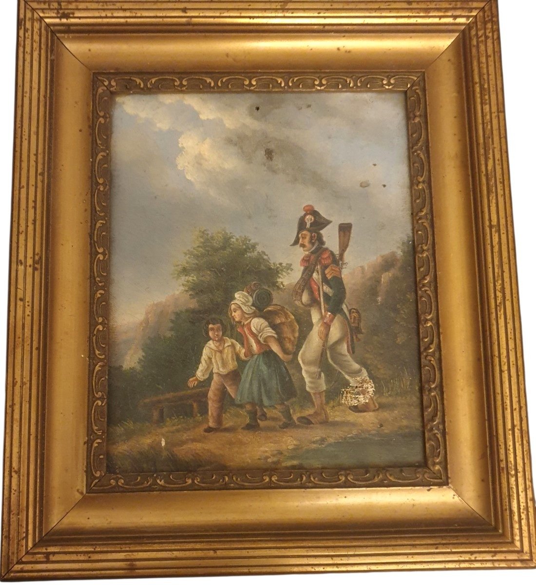 Tableau ancien XIXe siècle Scène de l'époque Napoléonienne Huile sur toile
