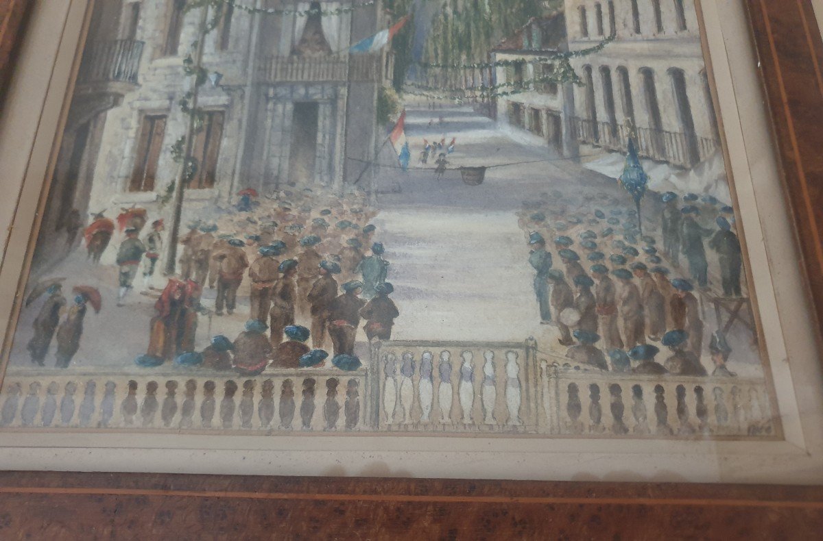 Tableau ancien Aquarelle Gouache Scène de fête dans les Pyrénées pays basqque bearn Signé Régis-photo-2