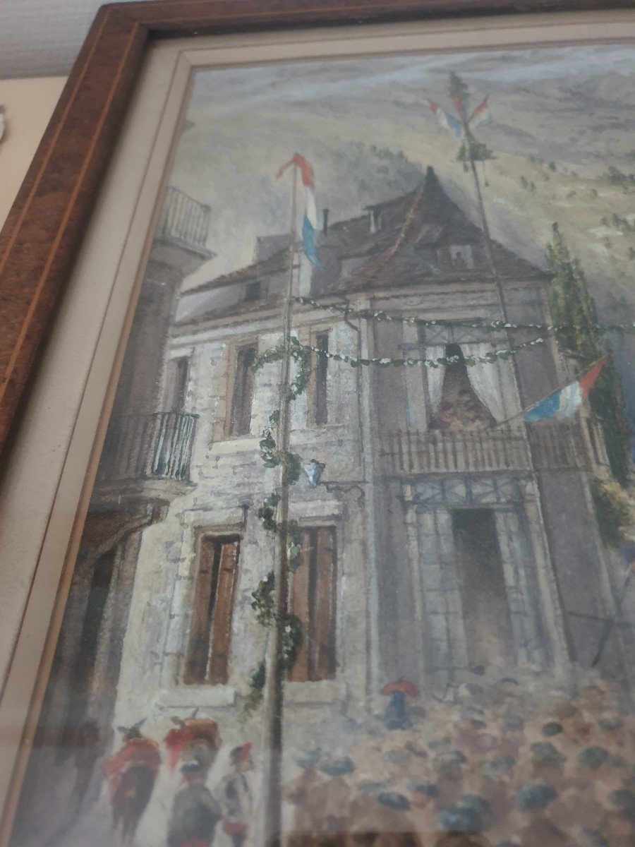 Tableau ancien Aquarelle Gouache Scène de fête dans les Pyrénées pays basqque bearn Signé Régis-photo-4