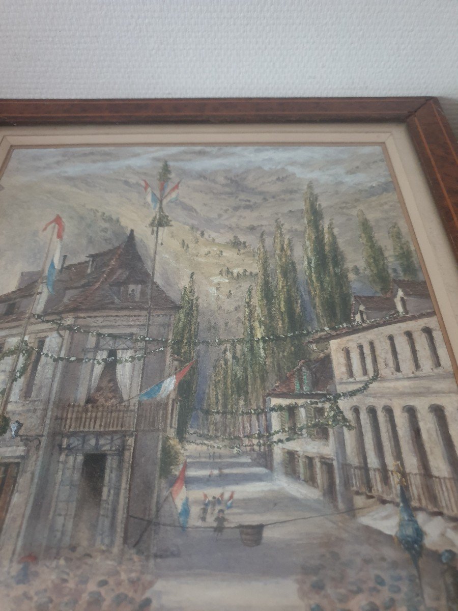 Tableau ancien Aquarelle Gouache Scène de fête dans les Pyrénées pays basqque bearn Signé Régis-photo-3