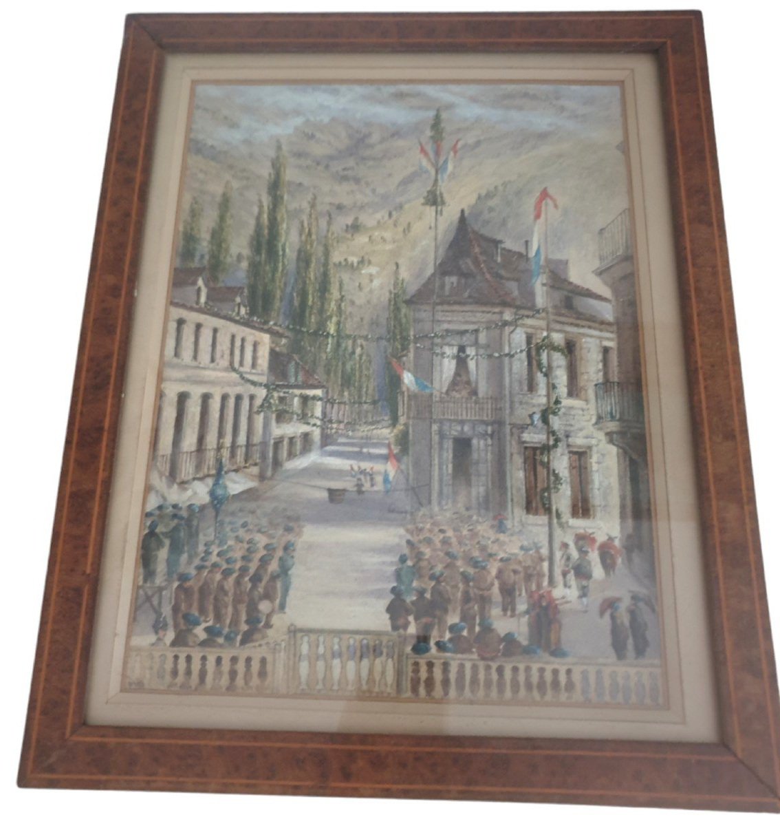 Tableau ancien Aquarelle Gouache Scène de fête dans les Pyrénées pays basqque bearn Signé Régis