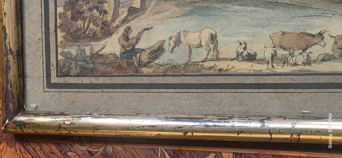 Huber Robert, Attributed: 18th-century Watercolor Depicting An Architectural Caprice And Pastoral Scene-photo-2