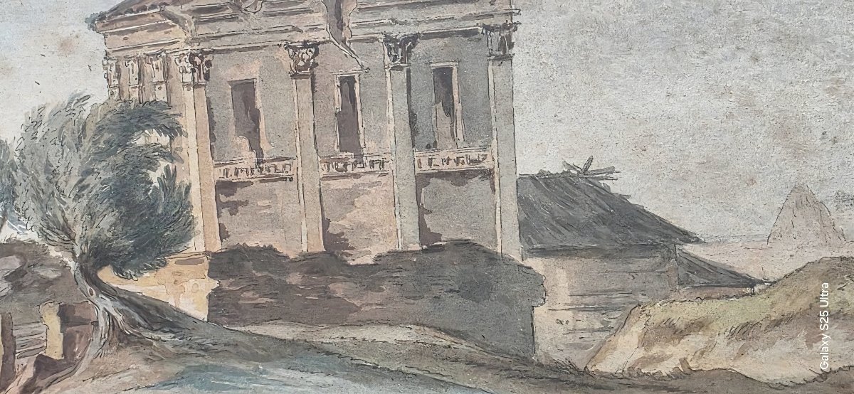 Huber Robert, Attributed: 18th-century Watercolor Depicting An Architectural Caprice And Pastoral Scene-photo-2