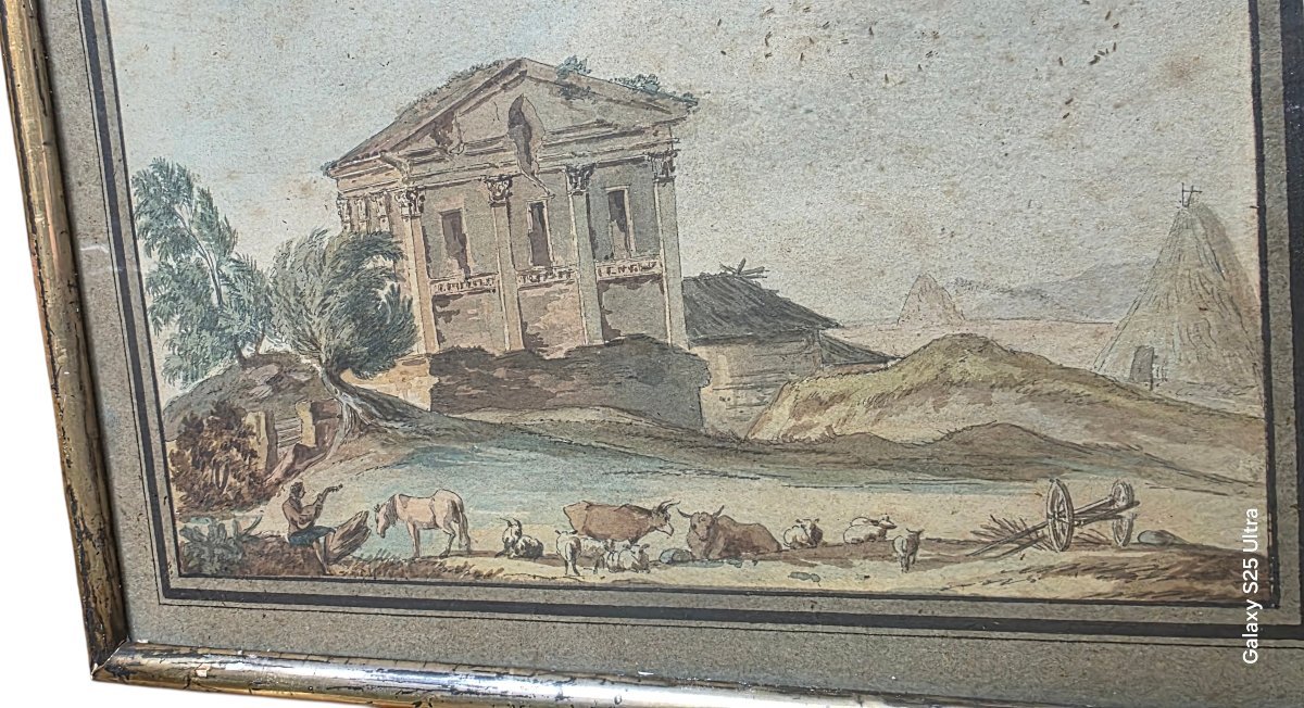 Huber Robert, Attributed: 18th-century Watercolor Depicting An Architectural Caprice And Pastoral Scene-photo-3