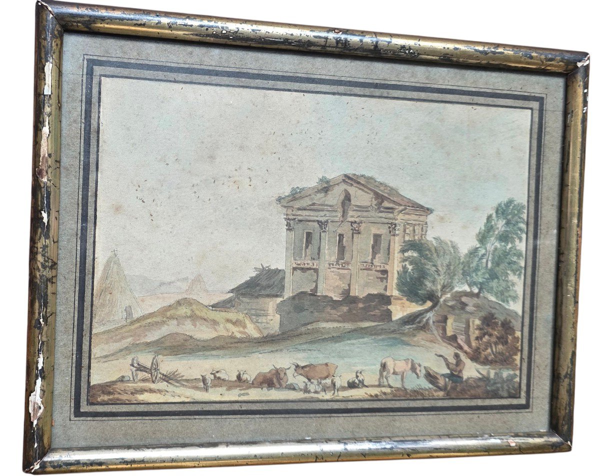 Huber Robert, Attributed: 18th-century Watercolor Depicting An Architectural Caprice And Pastoral Scene