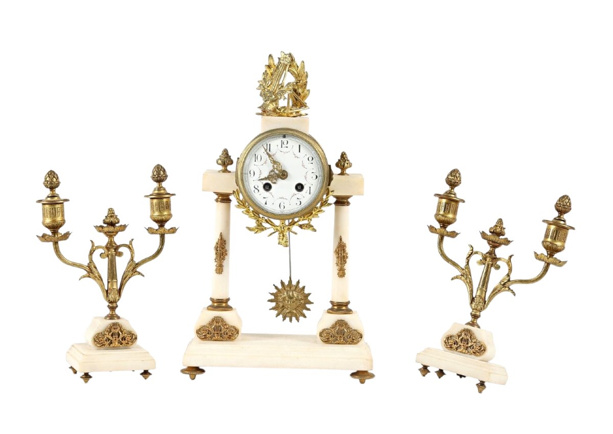 White Marble And Gilded Bronze Mantelpiece, 19th-century Louis XVI Style-photo-2