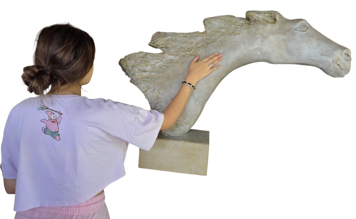 Horse Head: Studio Study In Monumental Terracotta; Travertine Base -photo-2