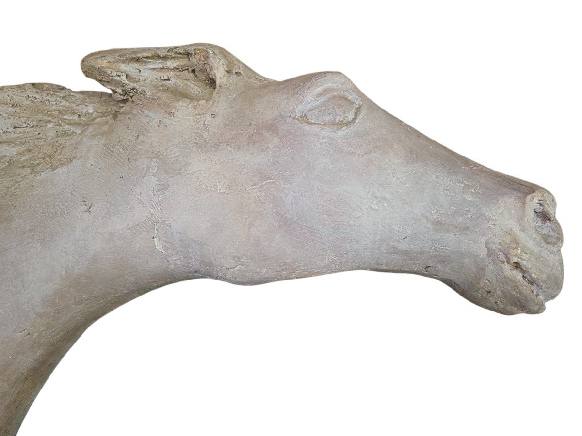 Horse Head: Studio Study In Monumental Terracotta; Travertine Base -photo-3