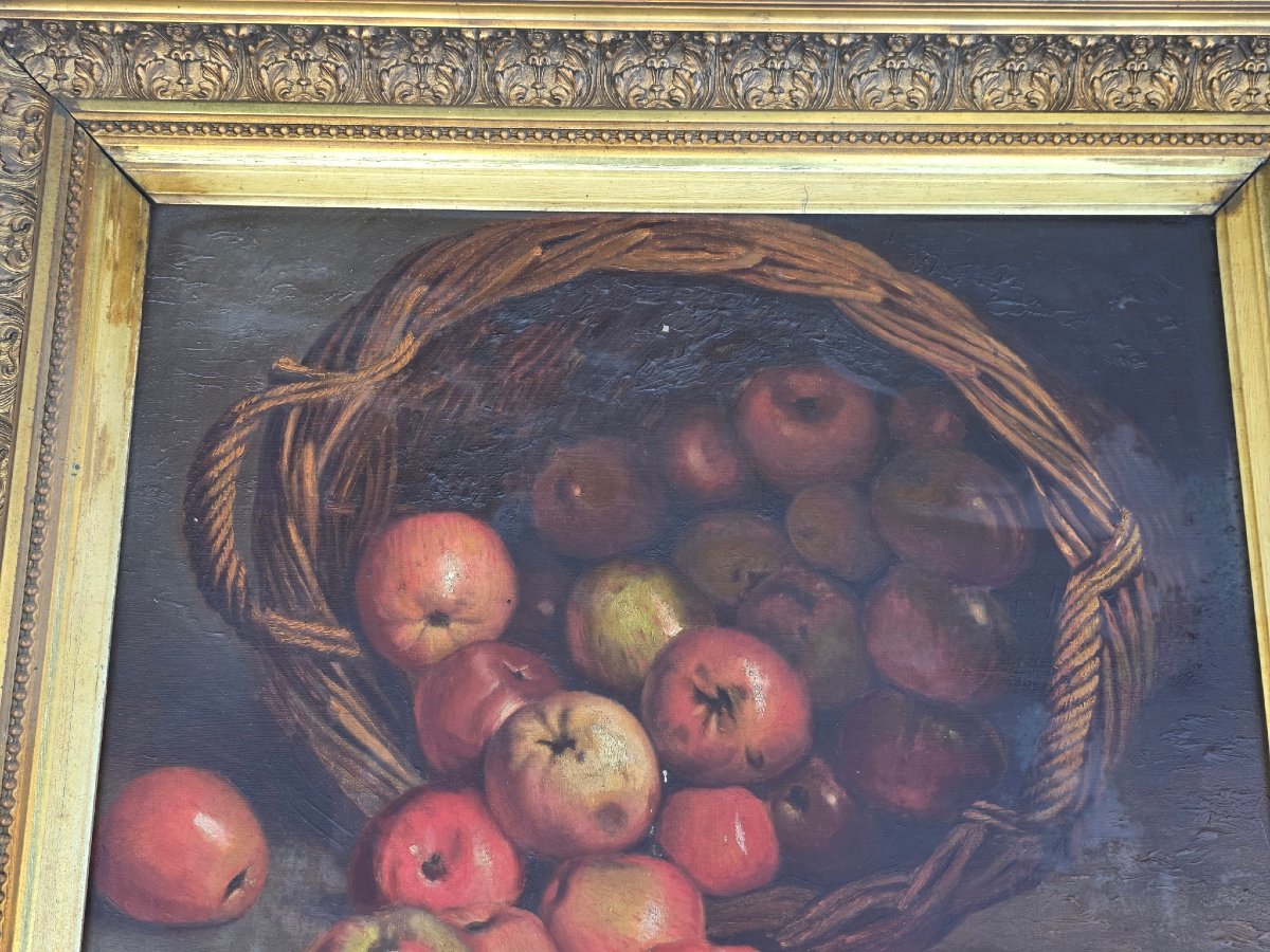 Superbe Huile sur Toile du XIXᵉ  Nature Morte au Panier de Pommes Signée E. Van Hove 76 cm X 66-photo-2