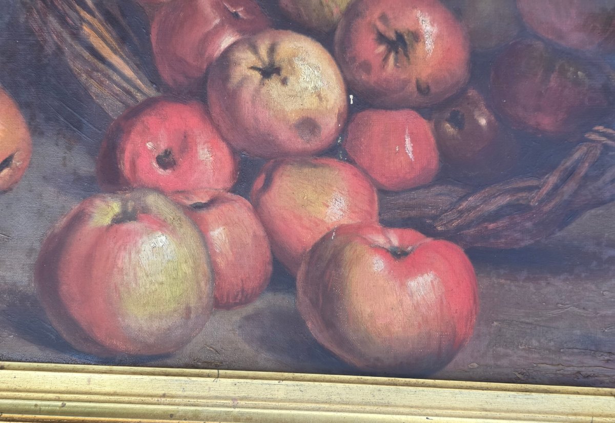 Superbe Huile sur Toile du XIXᵉ  Nature Morte au Panier de Pommes Signée E. Van Hove 76 cm X 66-photo-3