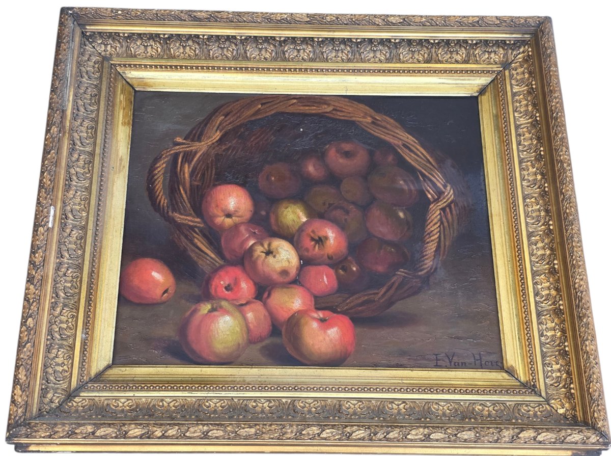 Superbe Huile sur Toile du XIXᵉ  Nature Morte au Panier de Pommes Signée E. Van Hove 76 cm X 66