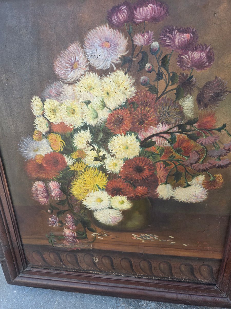  peinture à l'huile sur toile représentative du XIXe figurant une nature morte chrysanthèmes -photo-5