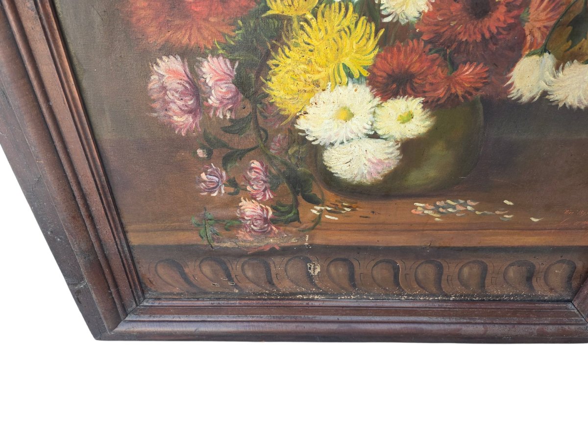  peinture à l'huile sur toile représentative du XIXe figurant une nature morte chrysanthèmes -photo-8