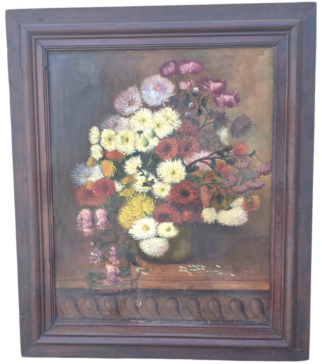  peinture à l'huile sur toile représentative du XIXe figurant une nature morte chrysanthèmes 