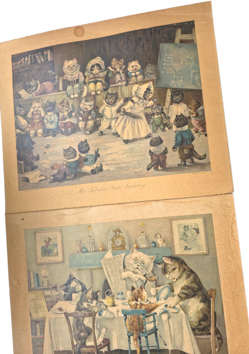 Paire d'estampes victoriennes ERNEST NISTER circa 1890 Illustrations Chats Lithographies d'époq-photo-2