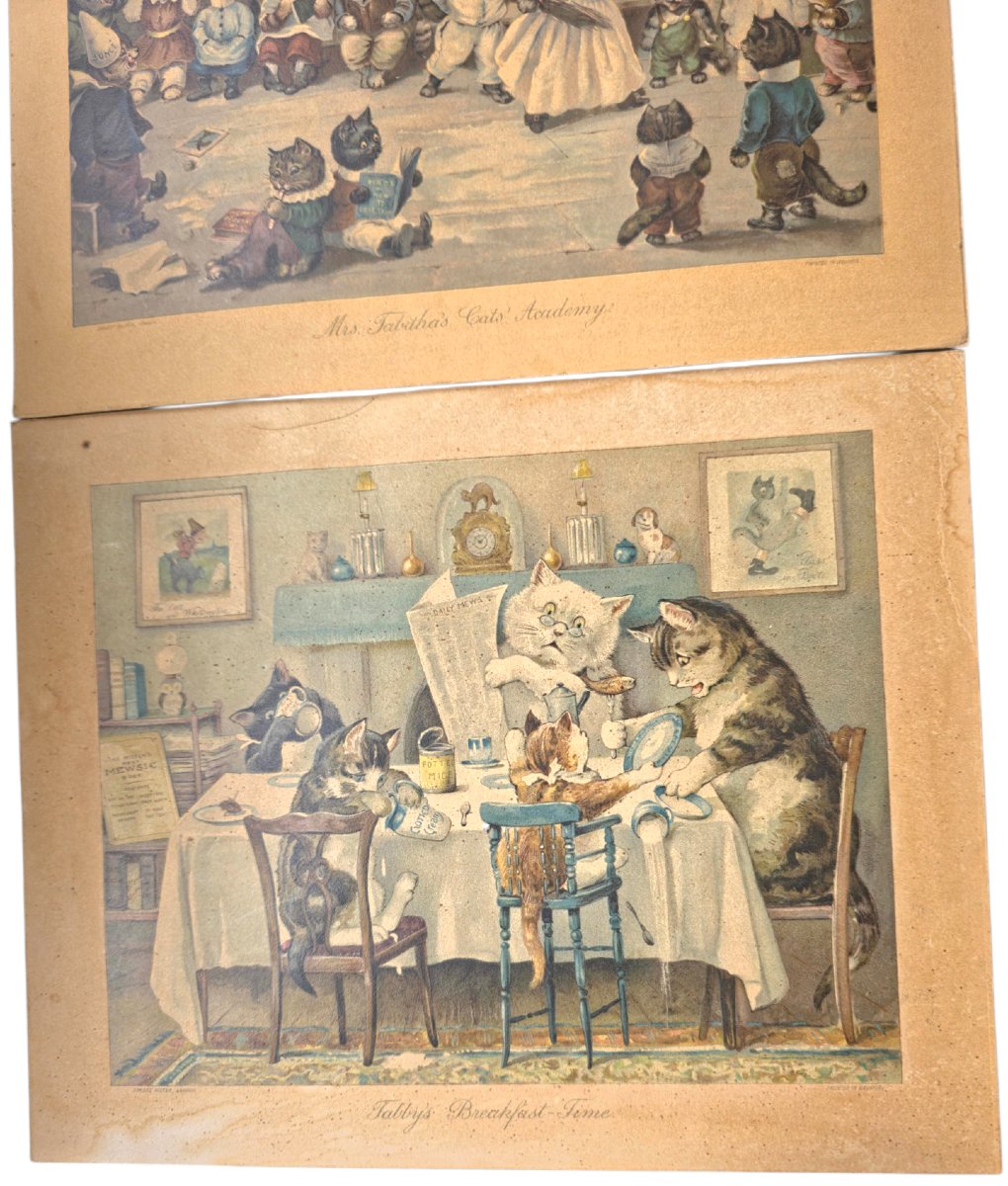 Paire d'estampes victoriennes ERNEST NISTER circa 1890 Illustrations Chats Lithographies d'époq-photo-4