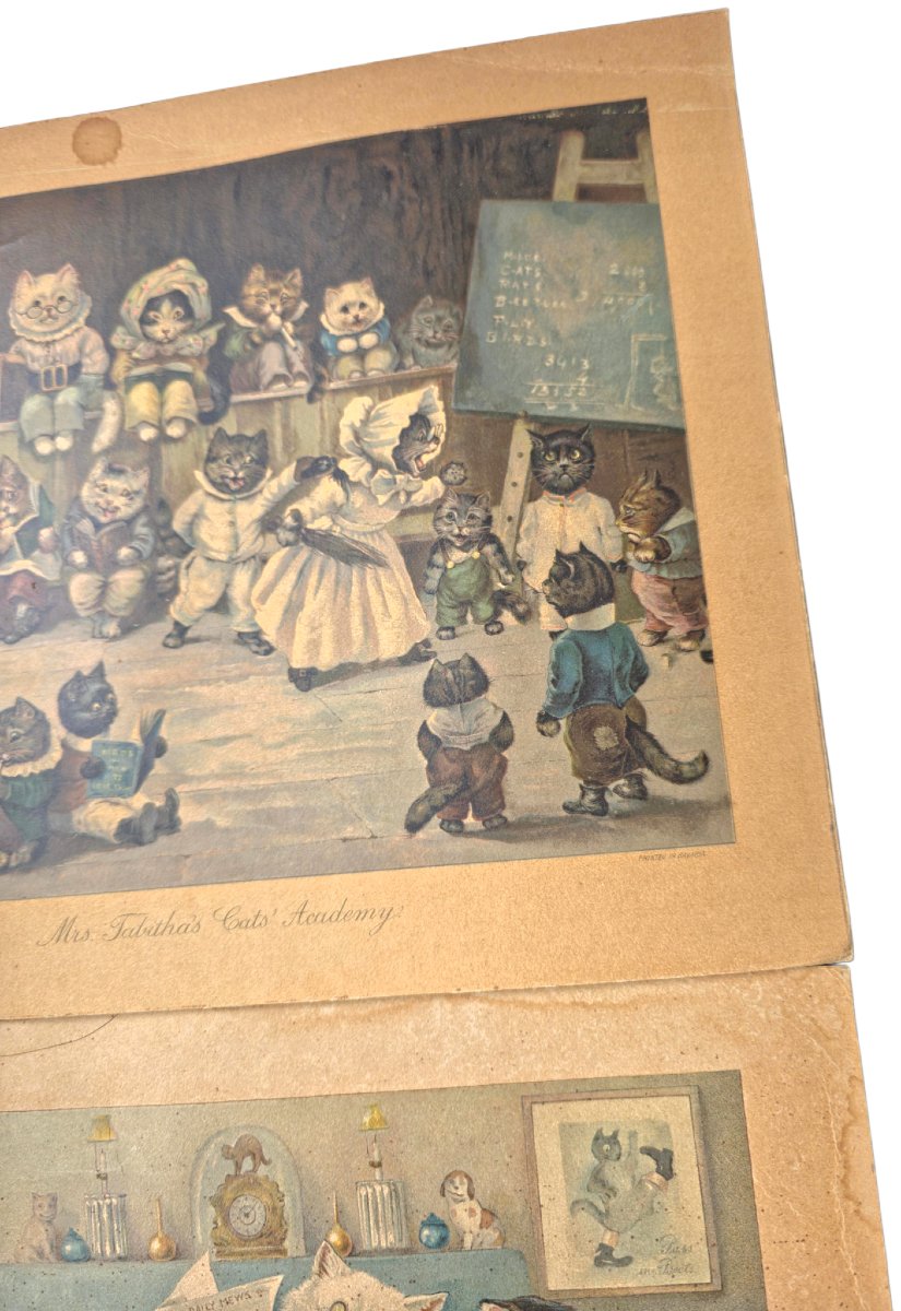 Paire d'estampes victoriennes ERNEST NISTER circa 1890 Illustrations Chats Lithographies d'époq-photo-1