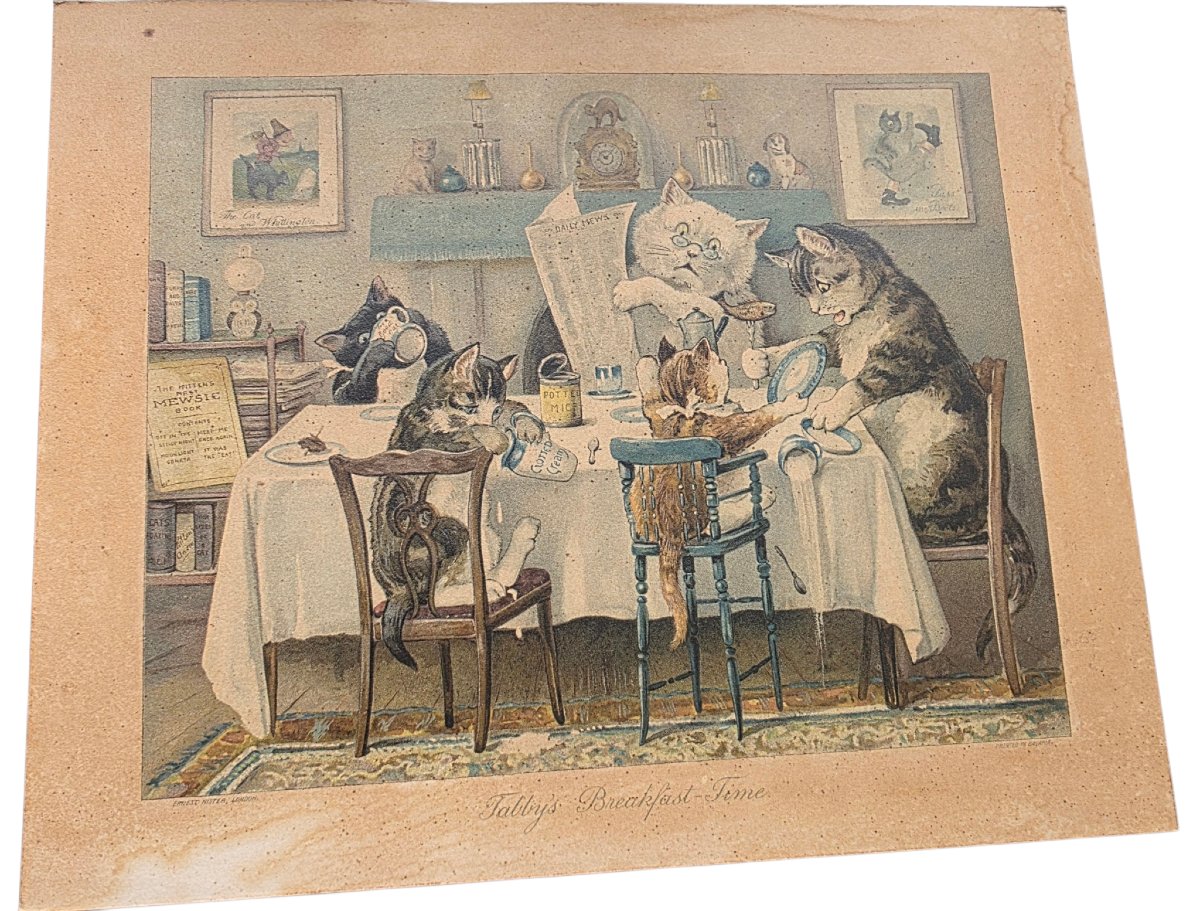 Paire d'estampes victoriennes ERNEST NISTER circa 1890 Illustrations Chats Lithographies d'époq-photo-2