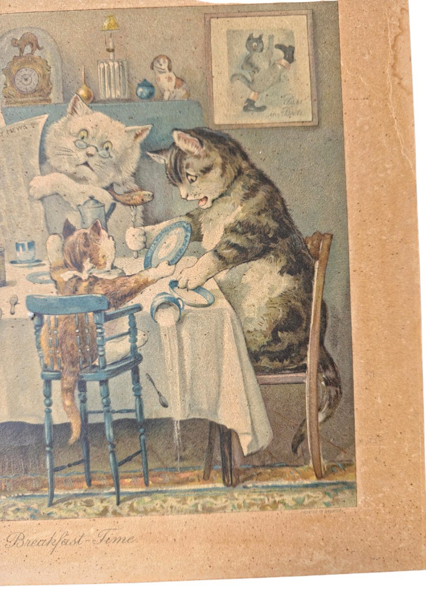 Paire d'estampes victoriennes ERNEST NISTER circa 1890 Illustrations Chats Lithographies d'époq-photo-3