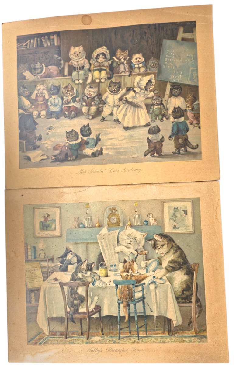 Paire d'estampes victoriennes ERNEST NISTER circa 1890 Illustrations Chats Lithographies d'époq