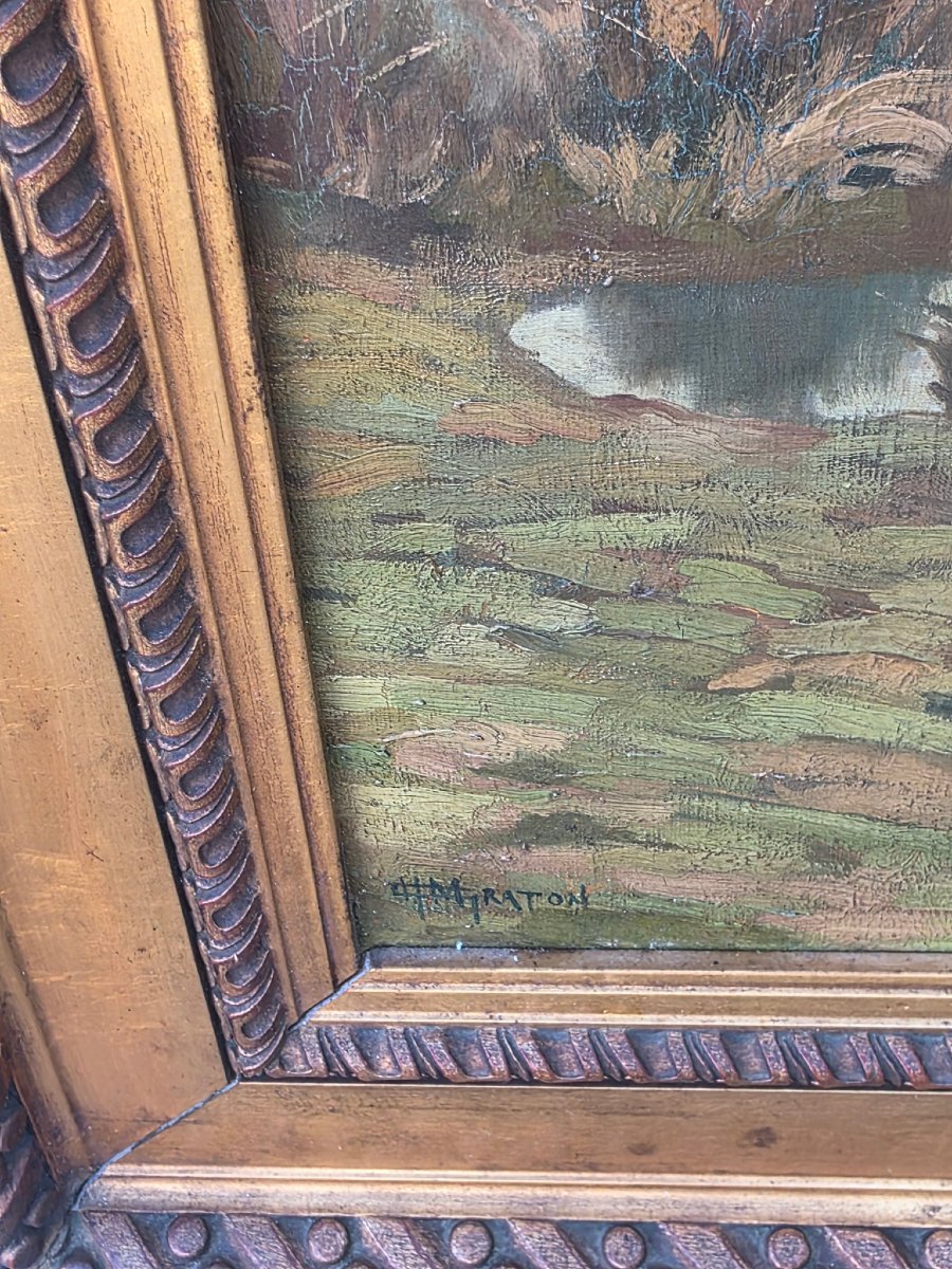  H. M. Raton  Lagoons In The Moors Oil On Canvas, Original 19th-century Frame -photo-3