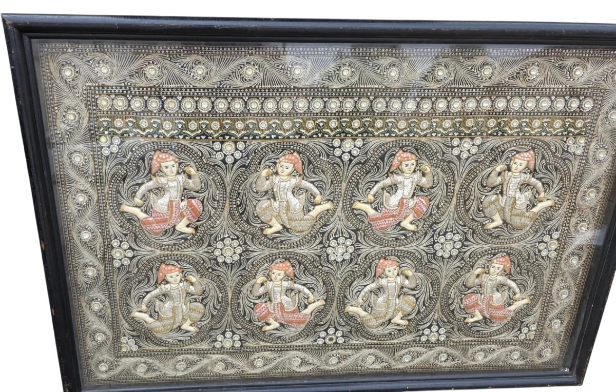  Tapisserie Birmane Kalaga XIXeme Siècle  Format XXL Encadré Sous Verre 145 cm X 100 cm -photo-1