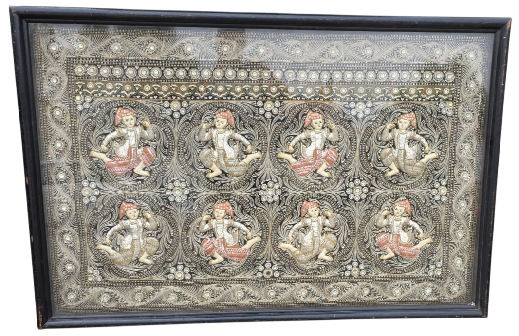  Tapisserie Birmane Kalaga XIXeme Siècle  Format XXL Encadré Sous Verre 145 cm X 100 cm 