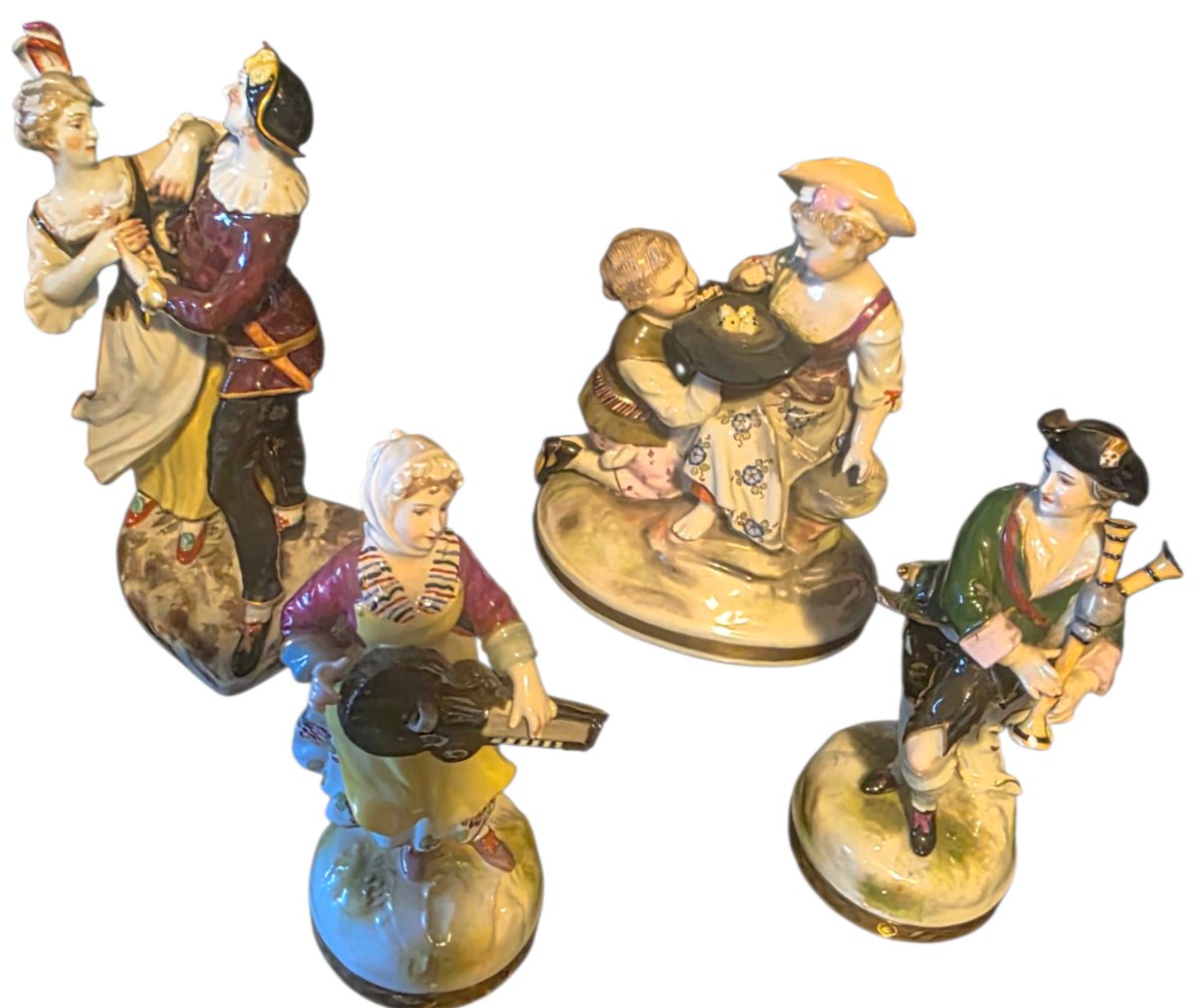  ​set Of 4 Antique Polychrome Porcelain Figurines: Musicians, Dancers, And Pastoral Scenes 