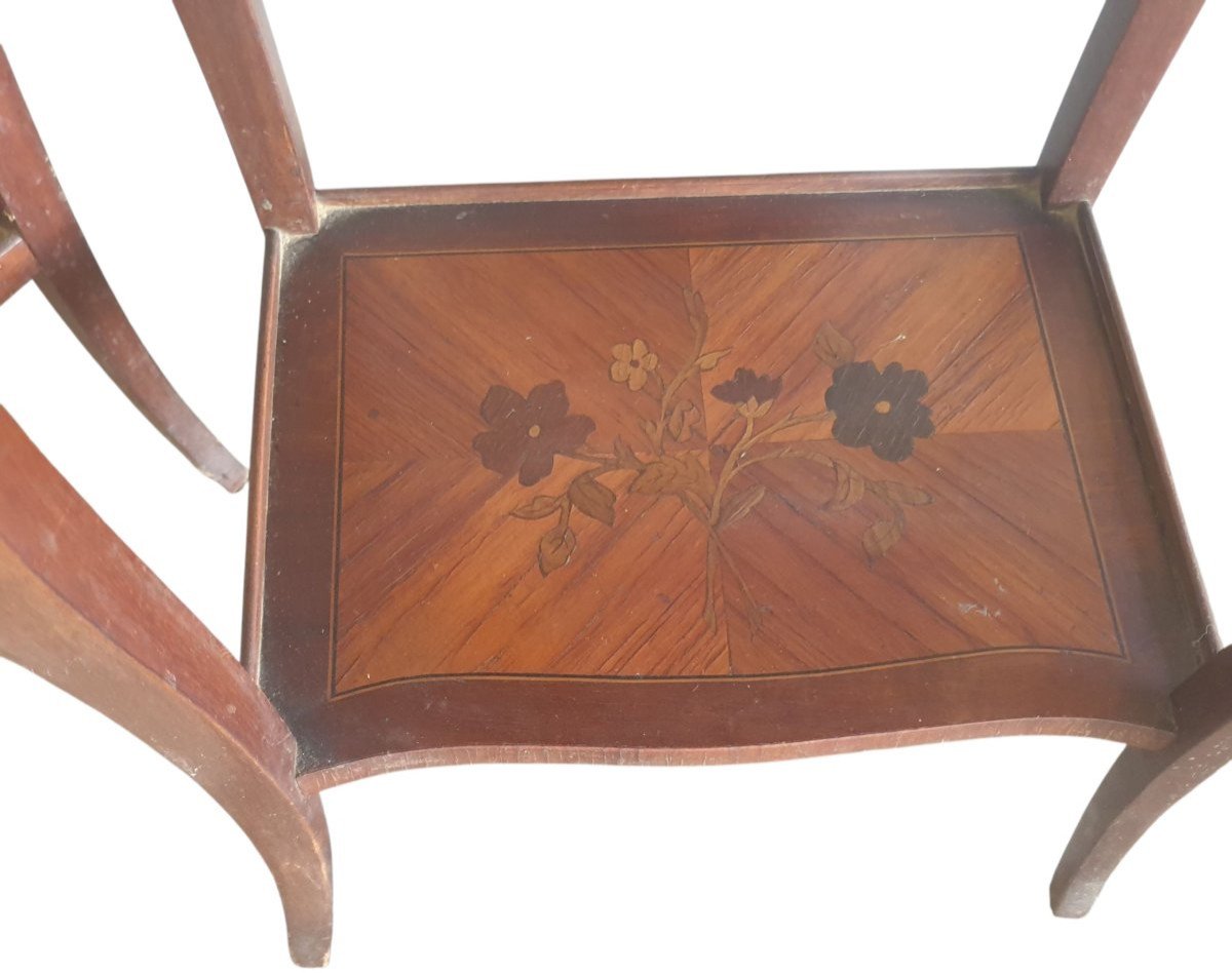  Paire de tables de chevet anciennes style Louis XV Marqueterie florale  -photo-5