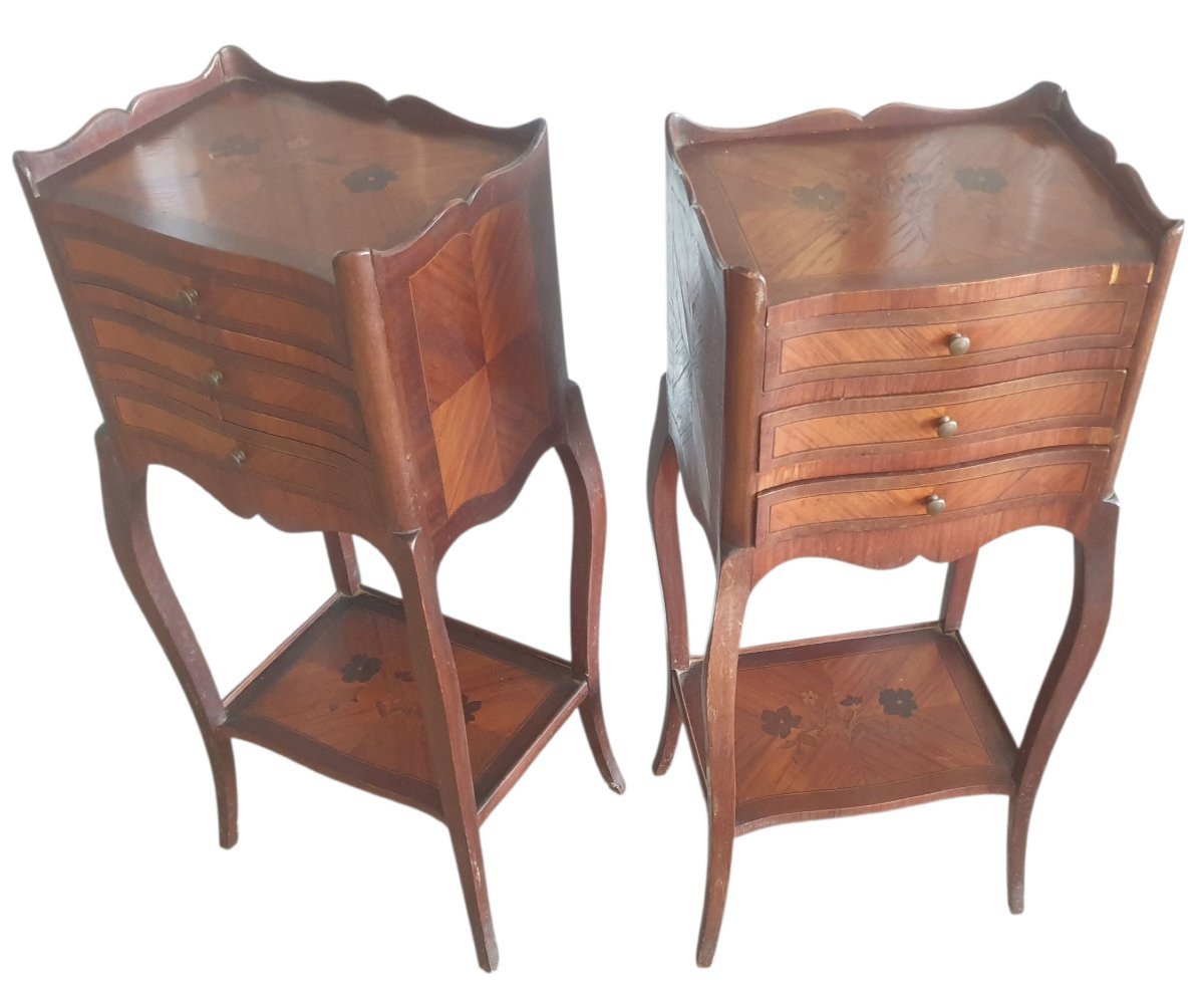 Paire de tables de chevet anciennes style Louis XV Marqueterie florale  